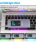 No Fuss Portable M.2 NVMe SATA SSD Enclosure USB 3.2 Type C showing RGB light effects on MacBook keyboard.