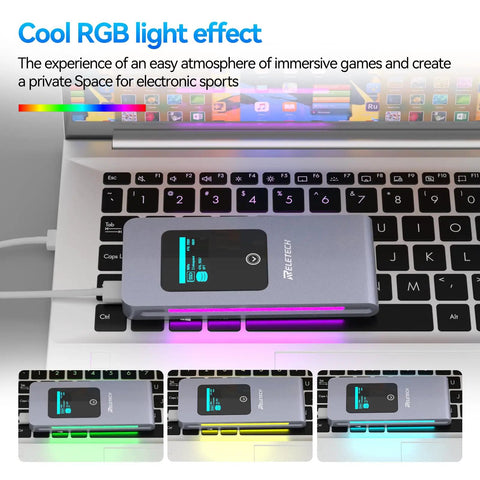 No Fuss Portable M.2 NVMe SATA SSD Enclosure USB 3.2 Type C showing RGB light effects on MacBook keyboard.