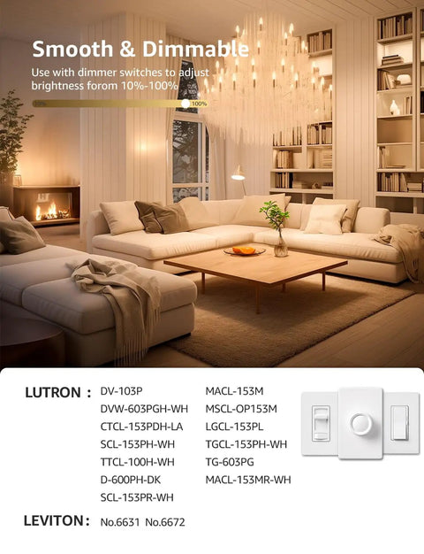 Modern living room with dimmable LED candelabra bulbs installed in chandelier, demonstrating soft white lighting atmosphere