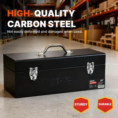 Sturdy 20 Inch Steel Tool Box With Rust Resistant Carbon Steel Build, Portable And Padlockable, in warehouse setting