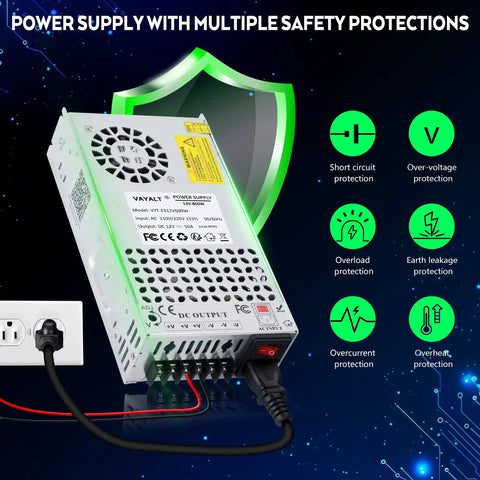 12V 50A 600W Switching Power Supply with safety protections for CCTV and 3D Printers, connected to a power outlet