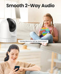 Indoor 2K Security Cam With 360 Degree Pan Tilt, WiFi Home Surveillance, Night Vision, 2 Way Audio; girl interacting, woman using app