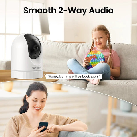 Indoor 2K Security Cam With 360 Degree Pan Tilt, WiFi Home Surveillance, Night Vision, 2 Way Audio; girl interacting, woman using app