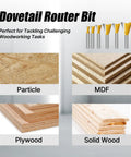 Hella Durable Six Piece Dovetail Router Bit Set Quarter Inch Shank for particle board, MDF, plywood, and solid wood cutting.