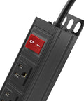 Close-up of Heavy Duty 6 Outlet Power Strip With Metal Wall Mount, Surge Protector, showing outlets and power switch