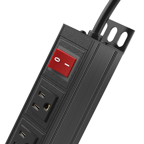 Close-up of Heavy Duty 6 Outlet Power Strip With Metal Wall Mount, Surge Protector, showing outlets and power switch