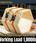 Heavy Duty Adjustable Band Clamp For Woodworking With 15 Ft Strap securing a hexagon wooden box, holds 1,000 lbs.