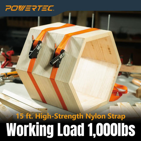Heavy Duty Adjustable Band Clamp For Woodworking With 15 Ft Strap securing a hexagon wooden box, holds 1,000 lbs.