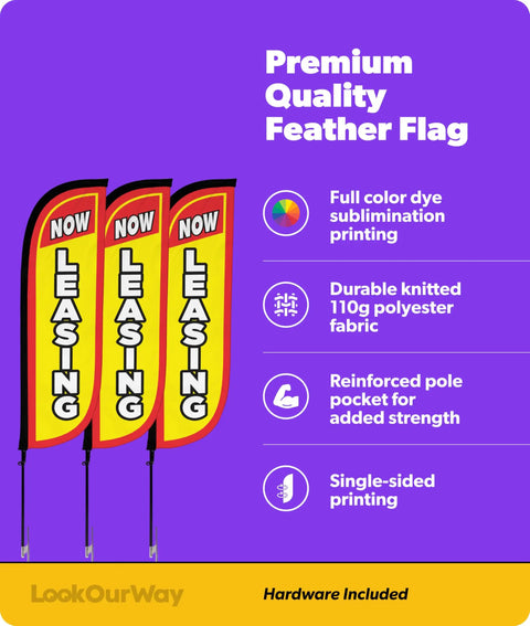 Now Leasing Real Estate Feather Flag Pole Kit 5 Foot Tall Marketing Flags 3 Pack With Poles And Ground Spikes Includes 3 Banners Eye Catching Yellow Signs For Listings By Realtors