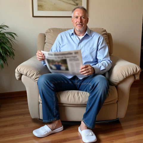 Man sitting on recliner with 27 Inch Swivel Base Replacement With Plate For Recliner And Sofa Chairs Heavy Duty Bottom Part Support Built From Beefy Steel For Built To Last Smooth Rotation And Easy Install Ten Point Two Inch Square Plate.