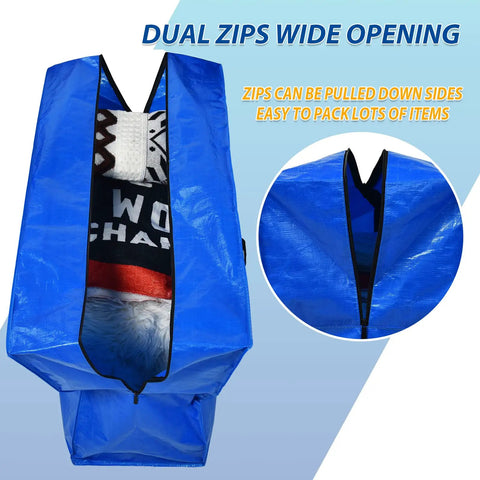 Heavy Duty 57 Gallon Jumbo Moving Bag with wide open zippers showing storage of clothes, blankets, and bedding.