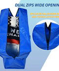 Ultra Heavy Duty 57 Gallon Jumbo Moving Storage Bag with dual zips wide open, showing contents like bedding and blankets.