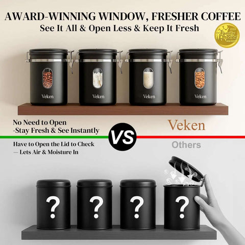 Comparison of Veken Airtight Stainless Steel Coffee Canister With Window 22 Oz and other storage options on shelf