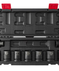 Open case showing Three Quarters Inch Drive SAE 12 Point Impact Socket Set 9 Piece Chrome Molybdenum Steel tools lined up