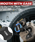 Heavy Duty Brake Caliper Compression Tool For Quick Pad Replacement shown installed on a car wheel with ergonomic knob.