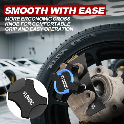 Heavy Duty Brake Caliper Compression Tool For Quick Pad Replacement shown installed on a car wheel with ergonomic knob.
