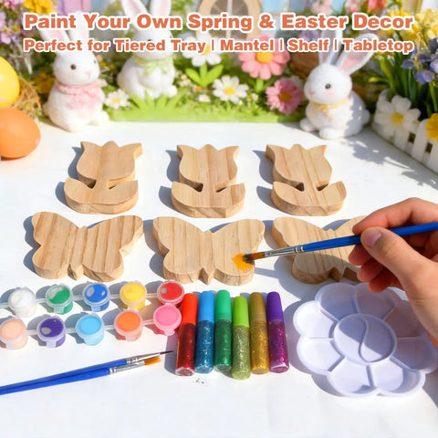 Spring Wood Cutouts Painting Kit 6 Pack Tulip And Butterfly Shapes Unfinished Blank Wood Slices With Art Supplies