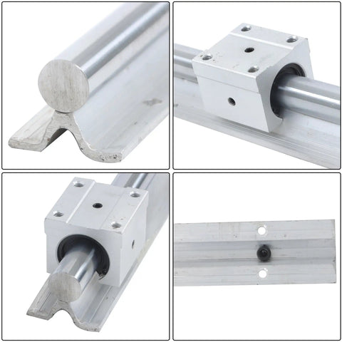 Two 1500mm SBR20 Linear Guide Rails With Four SBR20UU Slide Blocks Kit showing aluminum rails and blocks in close-up view