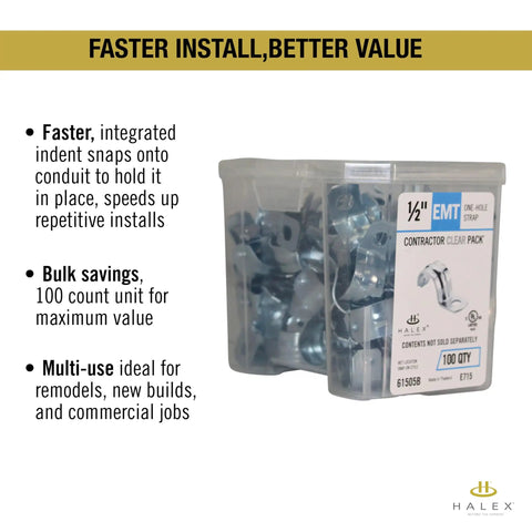 Heavy Duty Galvanized Steel Pipe Strap One Hole EMT Conduit Clamp Half Inch Electrical Support Rig With Built Tough Durability And No Sweat Wood Masonry Mounting Hardware For Tight Code Compliant Wiring Jobs 100 Pack in a clear container.