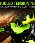80V Brushless Cordless Chainsaw With 18 Inch Bar And Smart Auto Oiler, detailing tool adjustments with gloved hand.