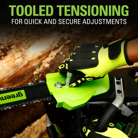 80V Brushless Cordless Chainsaw With 18 Inch Bar And Smart Auto Oiler, detailing tool adjustments with gloved hand.