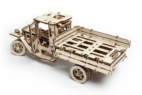 3D Self Propelled Wooden Model Truck UGM 11 Kit For Gearhead Builders And Collectors With Gear Driven Mechanism Realistic Wood Finish About 10 To 12 Hours Assembly Durable Brown Wood Craft Project That Feels Like Vintage Tech, side view