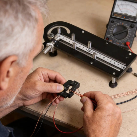 User shaping wires with Ergonomic Precision Wire Bender Tool For Tight Cable Forming And Quick Custom Bends on a workbench.