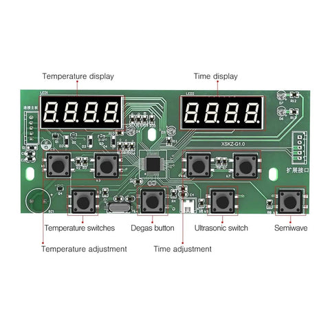 Portable Ultrasonic Cleaner Controller With Degas Function And Semiwave Drive Board Connection For Pro Grade Precision And Reliable Operation, Easy Wiring And Digital Display Panel showing components layout and digital screens