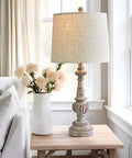 Classic 24.5 Inch Table Lamp Set Of 2 For Living Room And Bedroom With Linen Fabric Shade And Resin Base, placed on a wooden table.