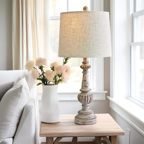 Classic 24.5 Inch Table Lamp Set Of 2 For Living Room And Bedroom With Linen Fabric Shade And Resin Base, placed on a wooden table.