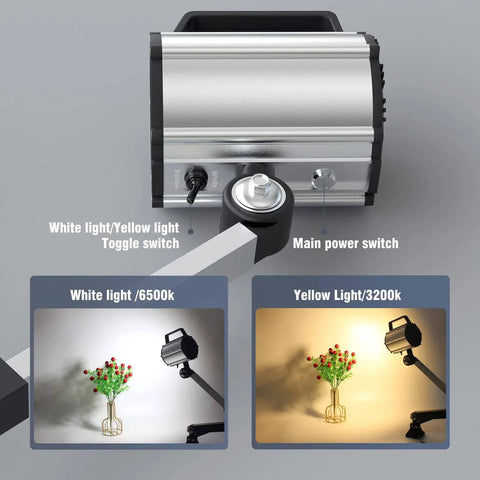 Adjustable Long Arm LED Work Light For Lathes And Drill Presses, Dual Color Warm And Cool White, 25W 2500 Lumens, toggle and power switches on silver aluminum head.