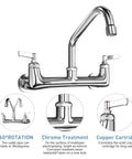 Wall Mount Commercial Kitchen Faucet With 8 Inch Center Spout Heavy Duty Brass 8 Inch Swivel Spout For Industrial Restaurant Sinks Built To Last For 3 Compartment Stations, showing chrome finish and swivel feature