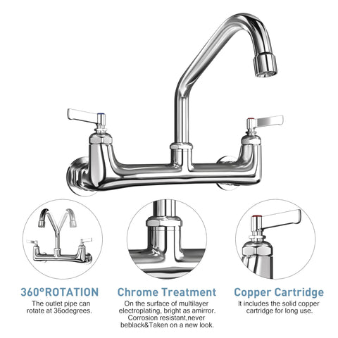 Wall Mount Commercial Kitchen Faucet With 8 Inch Center Spout Heavy Duty Brass 8 Inch Swivel Spout For Industrial Restaurant Sinks Built To Last For 3 Compartment Stations, showing chrome finish and swivel feature