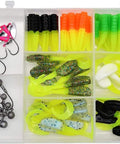 Fin Commander Slab Curly 86 Piece Kit For Pan Fish, Bass And Trout - Includes 32 Slab Curlys, 40 Crappie Magnets, 10 Double Cross Jig Heads, And 4 Fin Spin Jig Heads For Ready-To-Fish Crappie Lures And Bass Bites in clear tackle box
