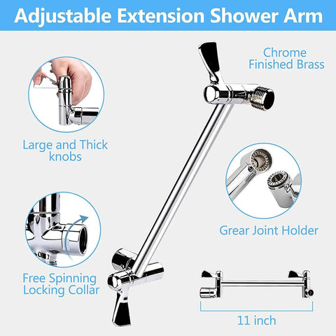 High Pressure Rainfall Shower Head Combo With 11 Inch Extension Arm features chrome finished brass and adjustable gear joint holder.