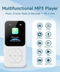 64GB MP3 Player With Bluetooth 5.3, 30 Hours Playtime, 2 Inch HD Screen displaying recorder app and features list