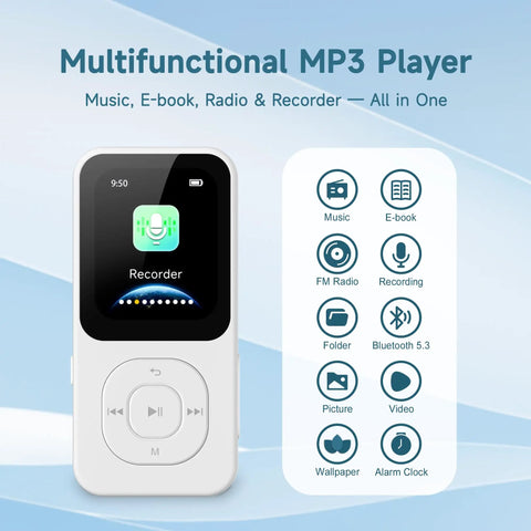 64GB MP3 Player With Bluetooth 5.3, 30 Hours Playtime, 2 Inch HD Screen displaying recorder app and features list