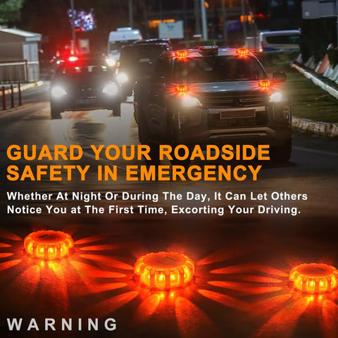USB C Rechargeable LED Road Flares Kit With Magnetic Base, Emergency Roadside Warning Lights in use on a road at night