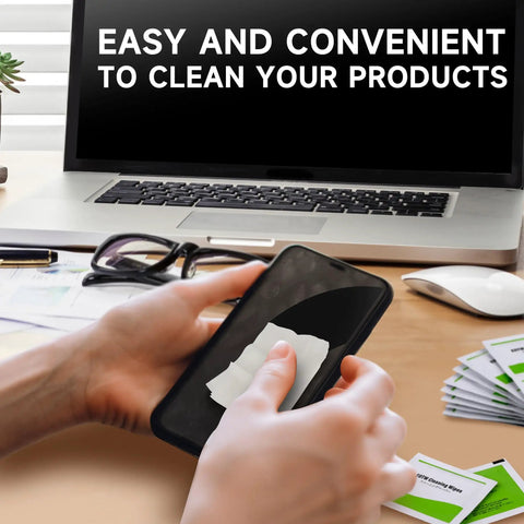 Person cleaning smartphone with Individually Wrapped Pre Moistened Screen Wipes For Smartphone Tablet Laptop Keyboard And Monitor Cleaners Pack Of 120 Streak Free Electronic Device Cleaner in office setting.