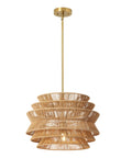 17.3 Inch Rattan Pendant Light, Boho Wicker Chandelier for Dining with layered woven rattan and gold fixture.