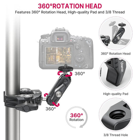 Rock-Solid Pro Grade Camera Clamp Mount with 360 Degree Ballhead, Magic Arm, and Double Ball Head Adapter attached to rod with rotation