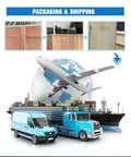 Packaging & shipping image with blue vehicles, cargo ship, and airplane over globe, representing logistics services.