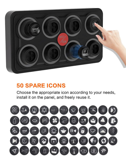 Beefy 8 Gang Switch Panel 12V 24V IP68 Waterproof with replaceable icons used on a truck, boat, RV off road system