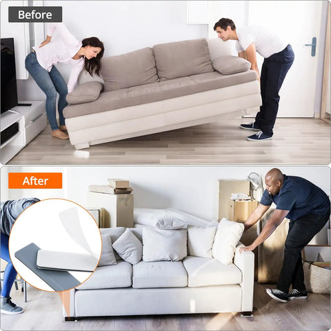 Before and after using Furniture Sliders For Carpet, Hardwood And Tile Floors, 16 Pack 1 Inch By 4 Inch Rectangular Self Adhesive Pads