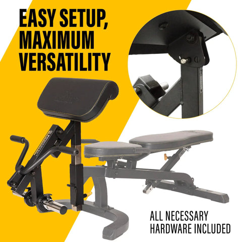Curl Machine Attachment For Your Workbench With 200 Lb Capacity Plate Loaded Bicep Builder Station shown with bench.