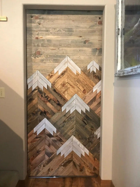 Space Saving Rustic Wood Mountains Sliding Barn Door For Home, Classic Farmhouse Style with mountain pattern design