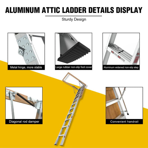 Heavy Duty Attic Ladder With 350 Lb Capacity, Fold Down Loft Stairs For Ceilings From 7 Ft 8 In To 10 Ft 3 In, 22.5 Inch By 54 Inch Opening, Non Slip Steps, Space Saving Pull Down Design For DIYers And Home Storage Access, aluminum ladder parts and handrail