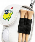Leather Golf Ball Pouch With Belt Clip And Tee Holder mini waist pocket bag for two balls, close-up of tee holder and clip