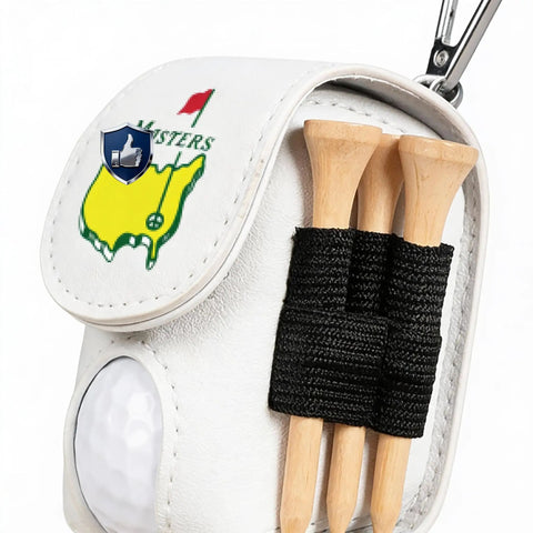 Leather Golf Ball Pouch With Belt Clip And Tee Holder mini waist pocket bag for two balls, close-up of tee holder and clip