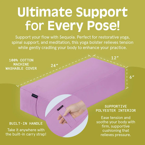 Ultra Plush Yoga Bolster Pillow For Restorative Poses And Meditation, Cushioned With Soft PET Fill, 100 Cotton Cover That Is Washable, Built For Deep Stretches And Cozy Pain Free Practice. 24x12x6 in purple yoga bolster with handle